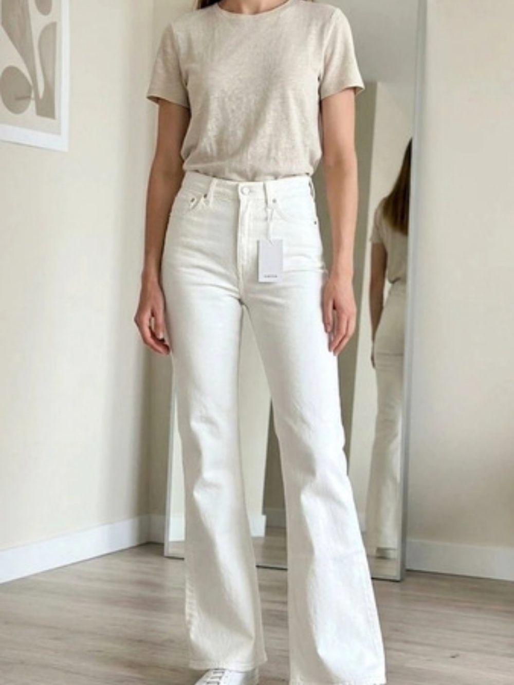 Zara White Flare Trousers with Seams Wide Leg White Waist 34